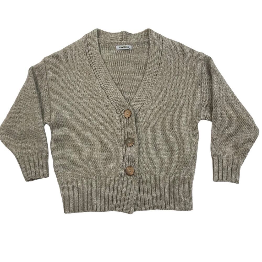 HAWLILI Wool Knit Cardigan Sz M Beige Cozy Y2K Retro Nostalgia Cotagecore Office - Picture 6 of 11